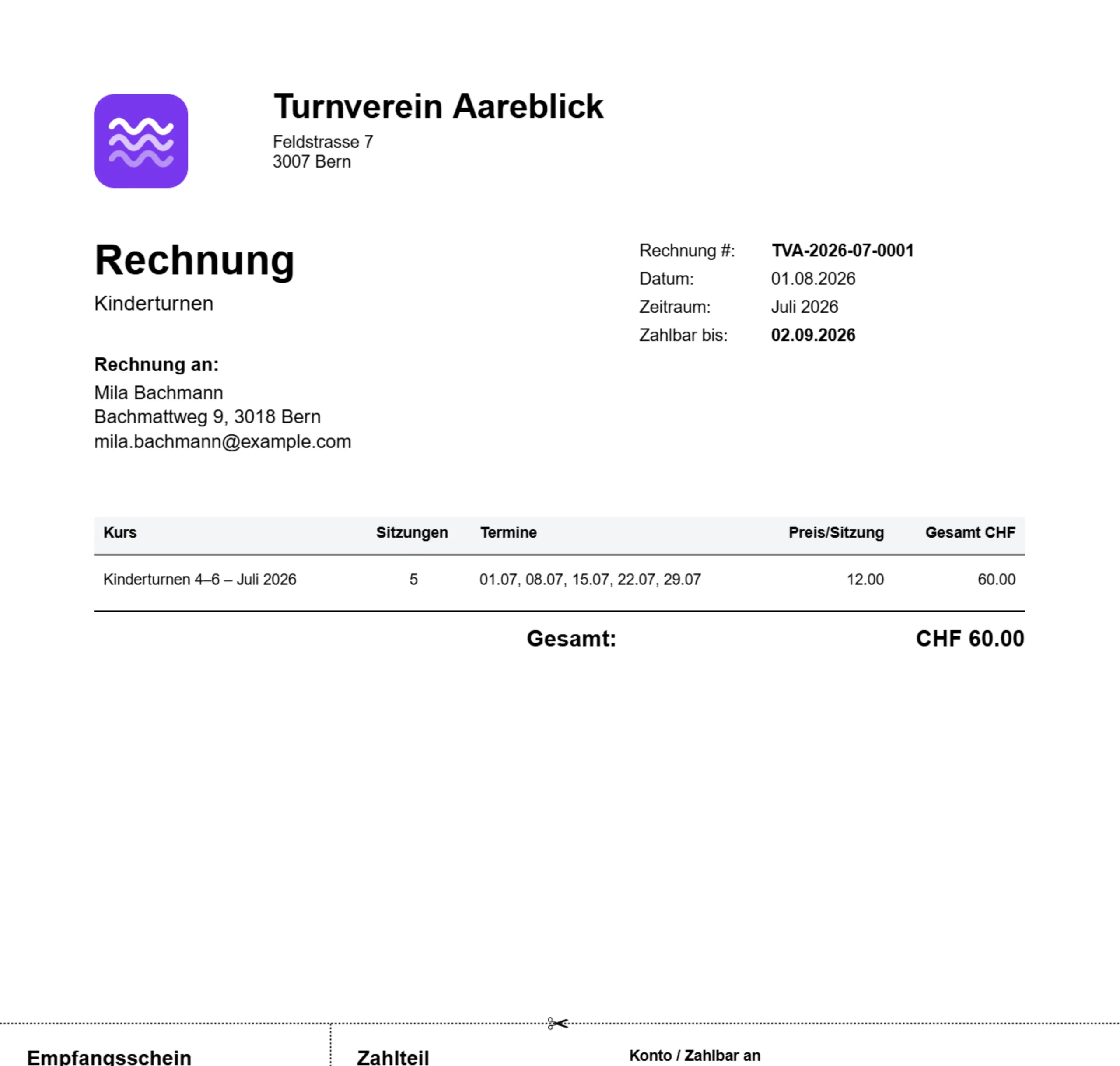 Erste Seite der erzeugten PDF-Rechnung: Vereinslogo und Absenderblock, die Adresse des Mitglieds, die Rechnungsnummer und der Abrechnungsmonat, darunter die Positionen mit Kurs, Anzahl Lektionen, Preis pro Lektion und Betrag, gefolgt von der Totalzeile.