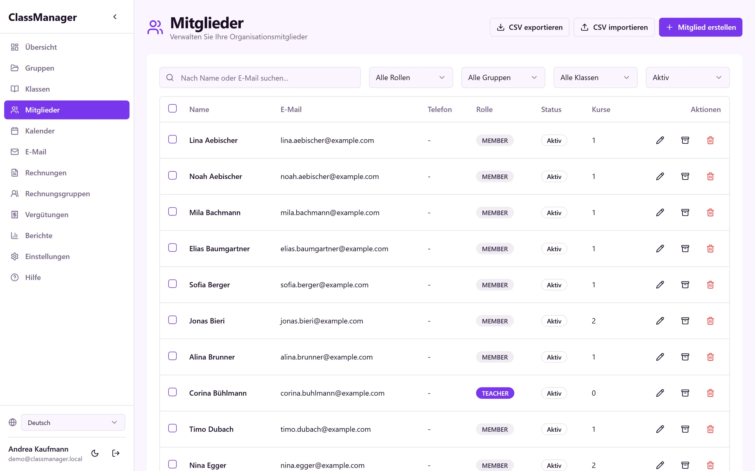 Mitgliederliste mit Name, Kontakt, Rolle und Gültigkeit, darüber Suche, Filter und die Aktionen für Import und Export.