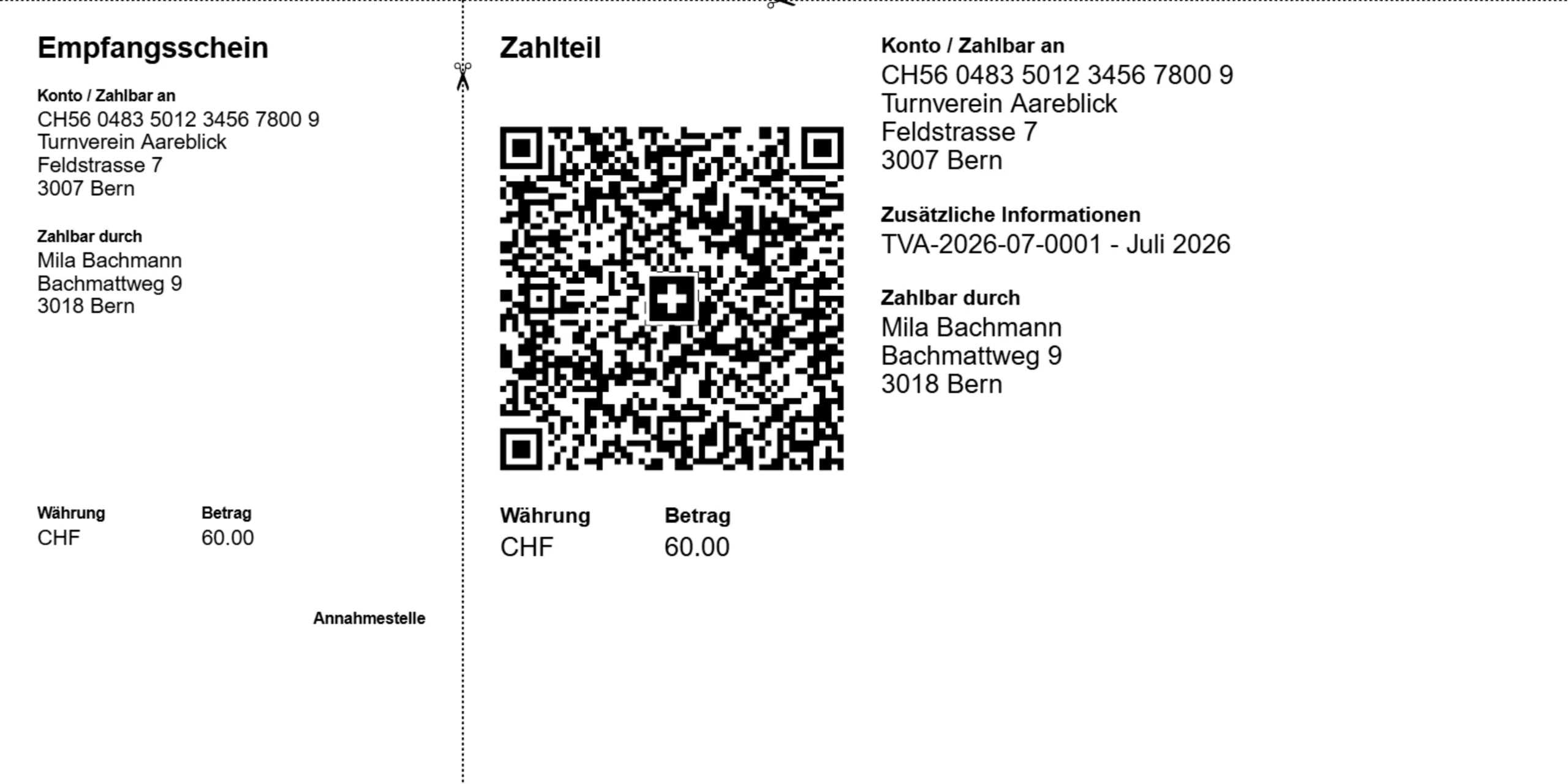 Der Schweizer Zahlteil der erzeugten PDF-Rechnung: links der Empfangsschein mit Konto, Zahlbar-an- und Zahlbar-durch-Adresse und Betrag, rechts der Zahlteil mit Swiss-QR-Code und demselben Betrag.